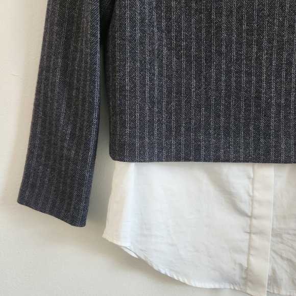 Theory Layered Look Cropped Striped Mockneck Sweater White Oxford Buttondown Top - Picture 2 of 6